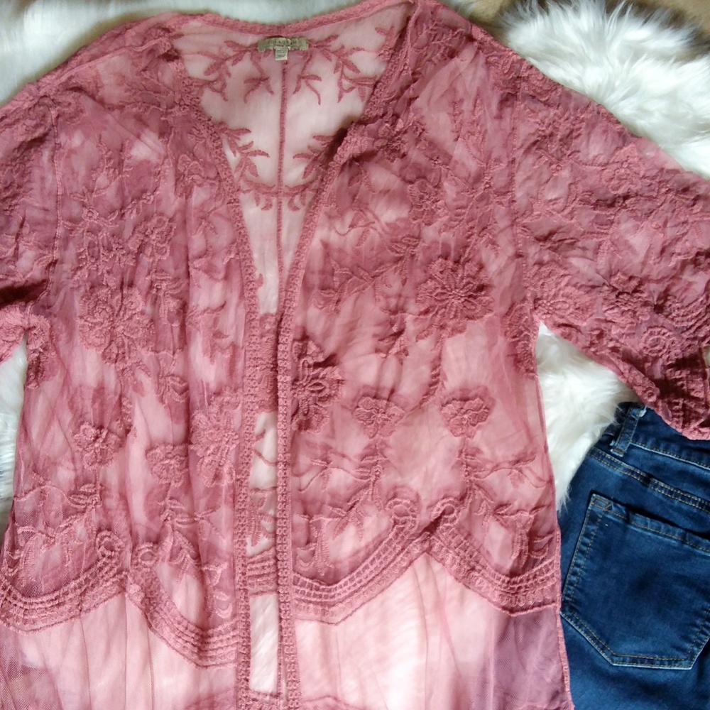 Long Lace Cardigan Duster in Mauve - Picture 4 of 5